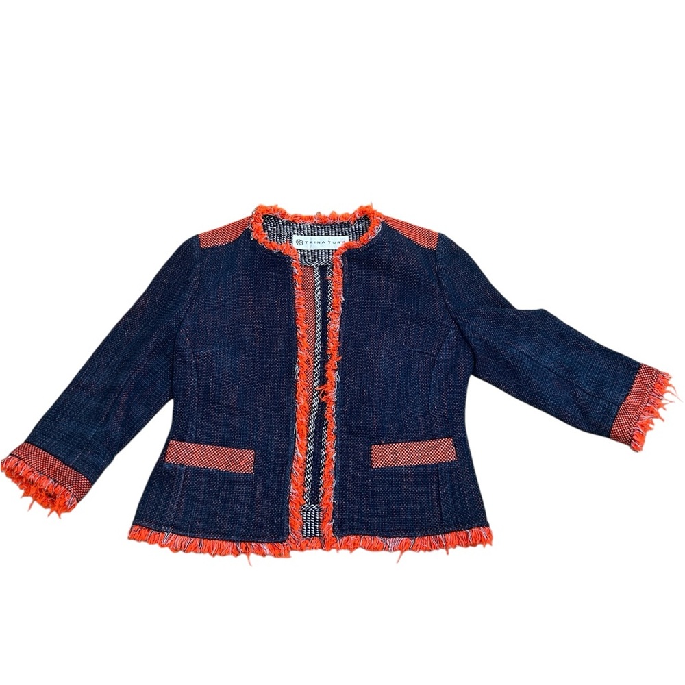 Trina Turk Mitra Pop Tweed Jacket Navy & Orange, silk cotton, fits like small - Picture 7 of 9